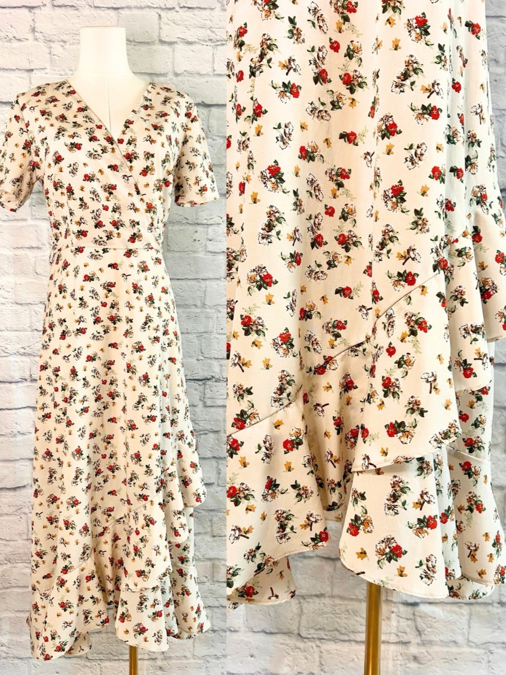 Fall Floral Maxi Dress Cream Red Leaves Cottagecore Grunge Feminine Peasant